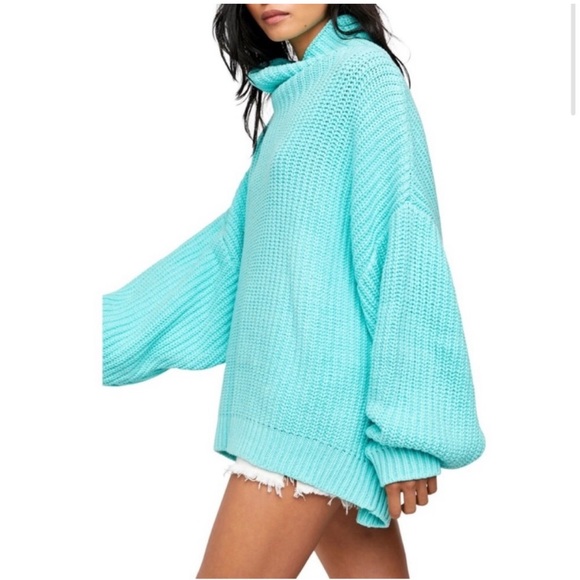 Free People Swim Too Deep Chunky Knit Oversized Cowl Sweater Turquoise Size S - Picture 1 of 9